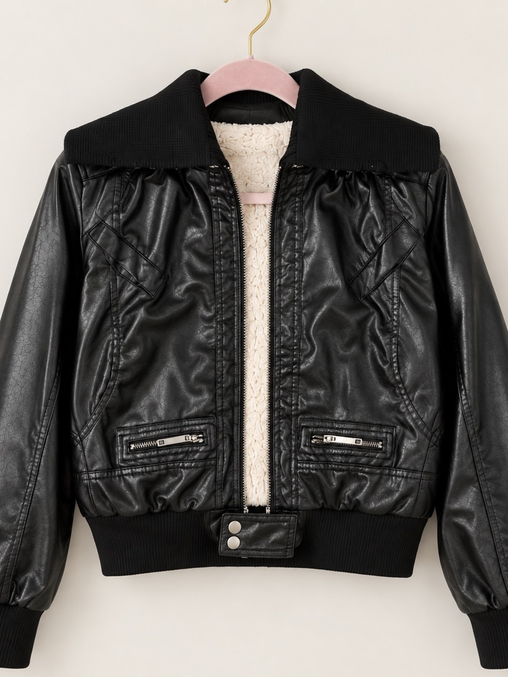Ashley by 26 Black Faux Leather Faux Fur Lined Bomber Jacket L - Picture 2 of 5